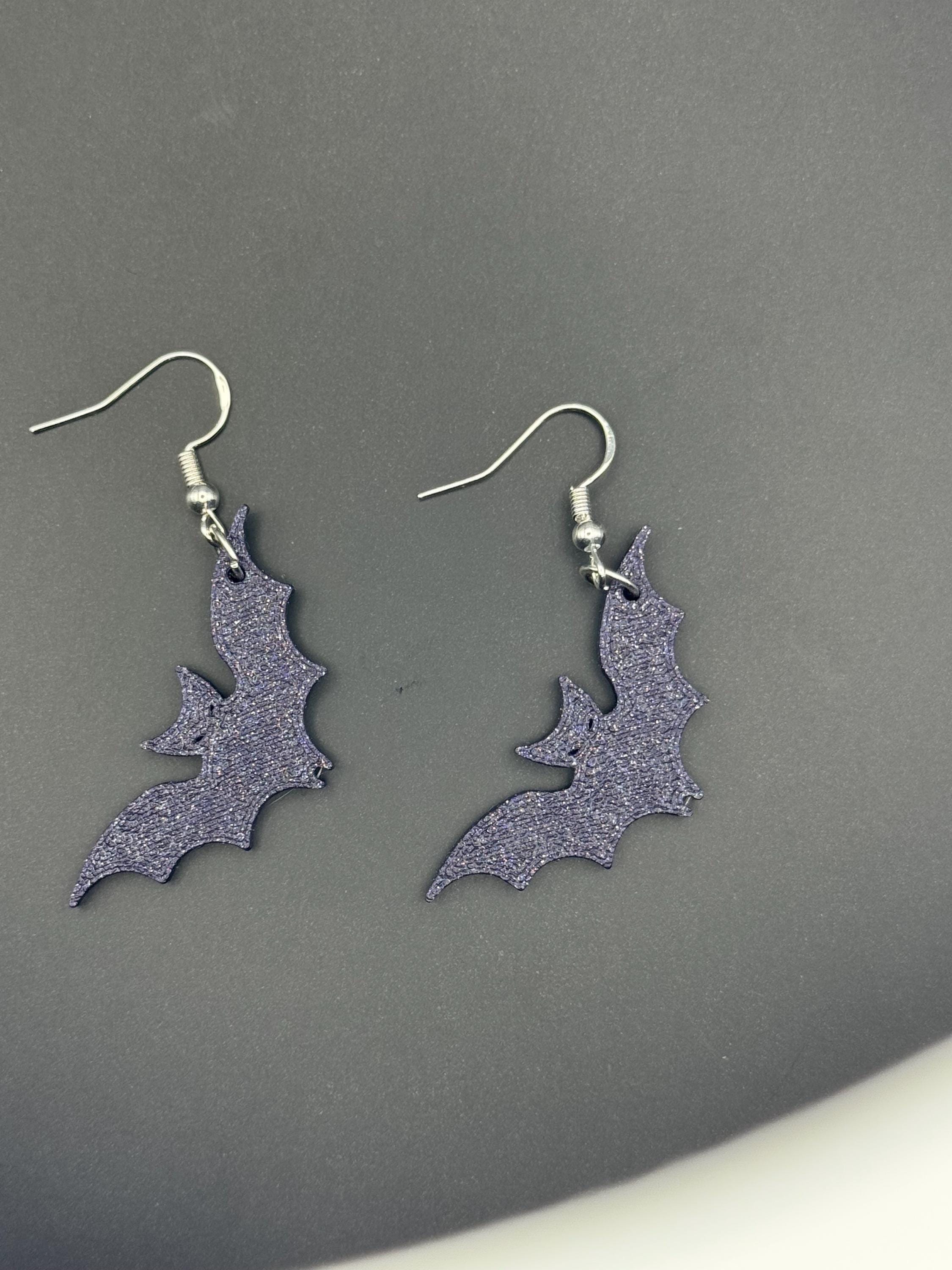 Sillouette Sparkly Deep Purple Bat Earrings