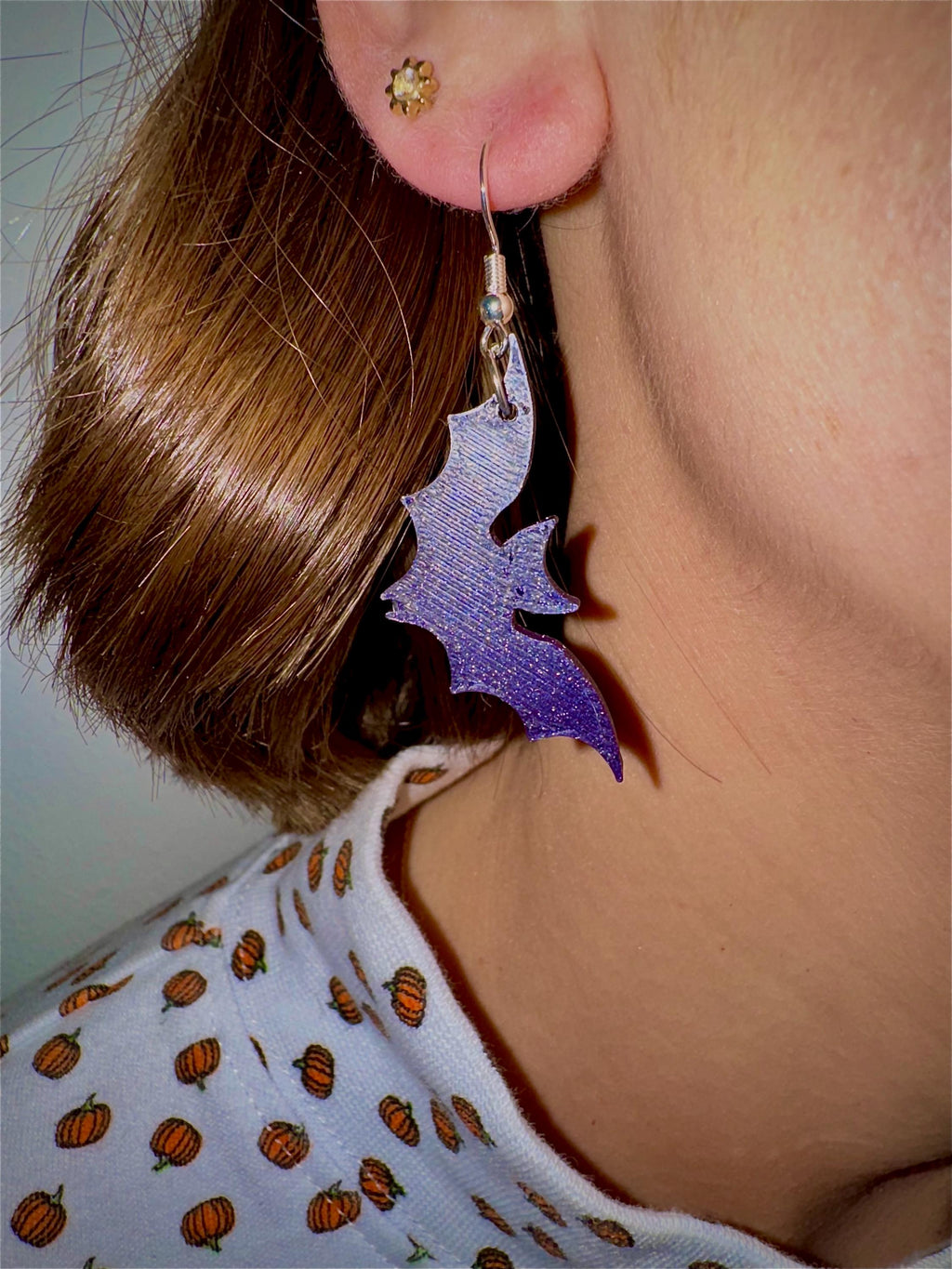 Sillouette Sparkly Deep Purple Bat Earrings