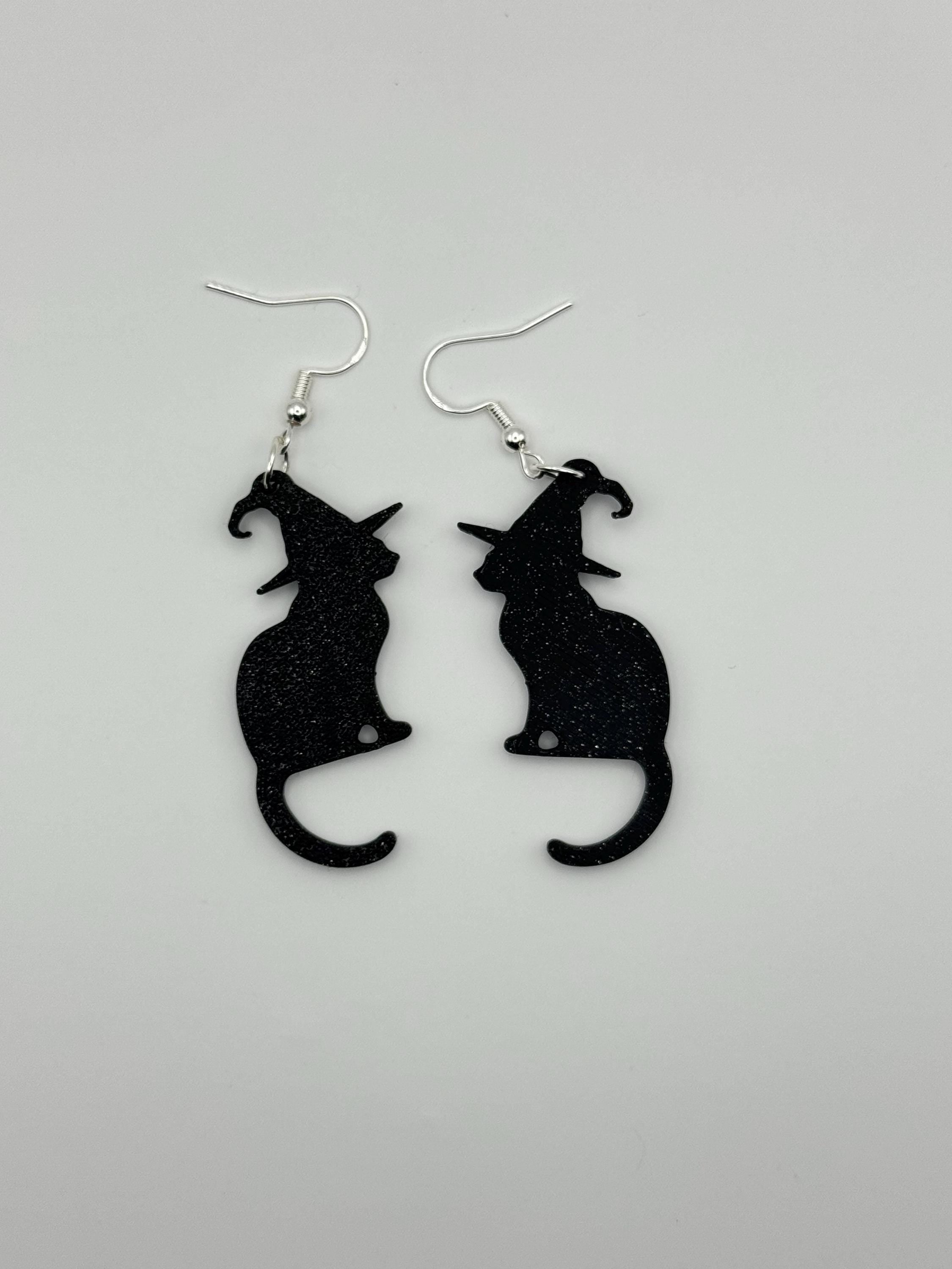 Sillouette Black Cat with Witch Hat Earring