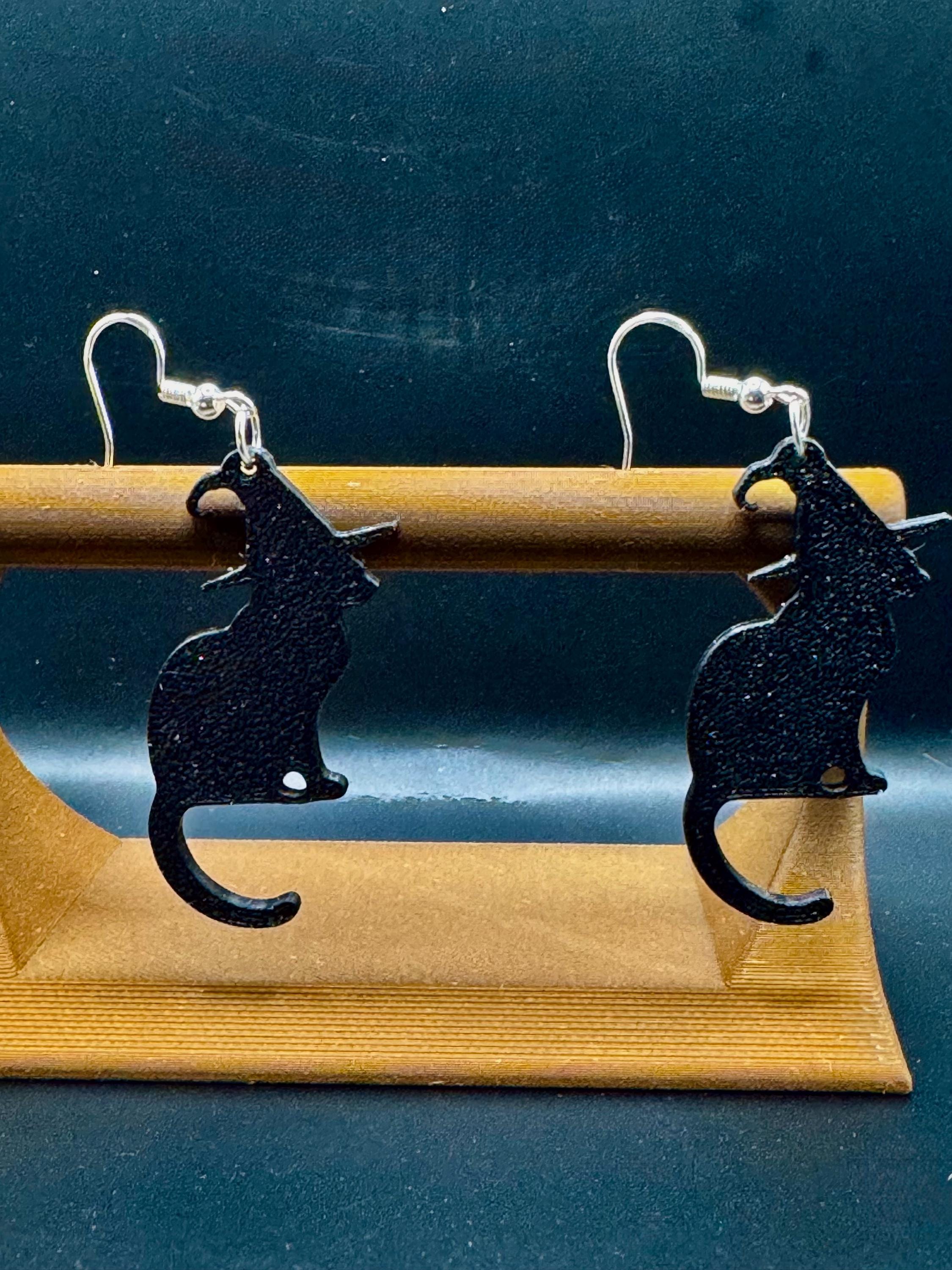 Sillouette Black Cat with Witch Hat Earring
