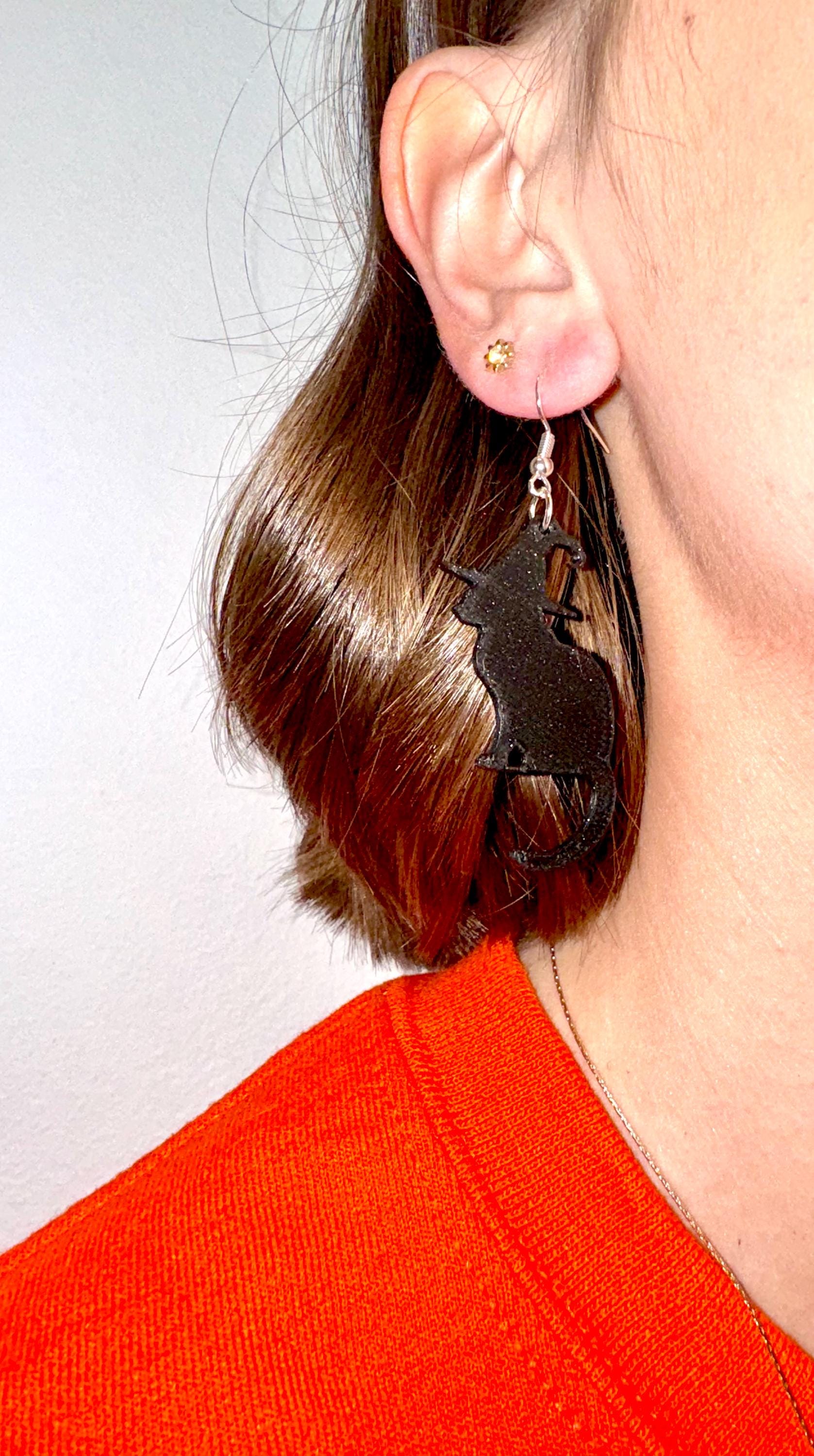 Sillouette Black Cat with Witch Hat Earring